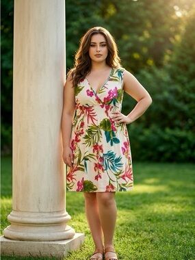 raya sun Cream Dress with Pink Floral & Green Leaves